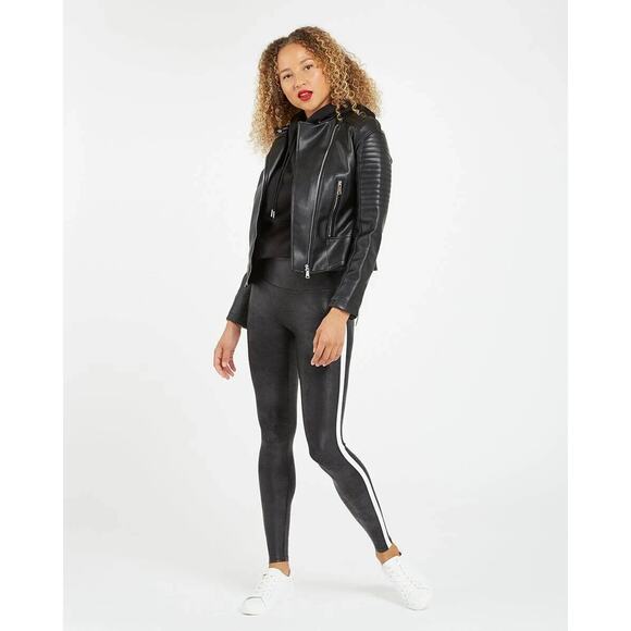NWT Spanx Women's Very Black & White Side Stripe Faux Leather Leggings Size XS - Picture 2 of 11